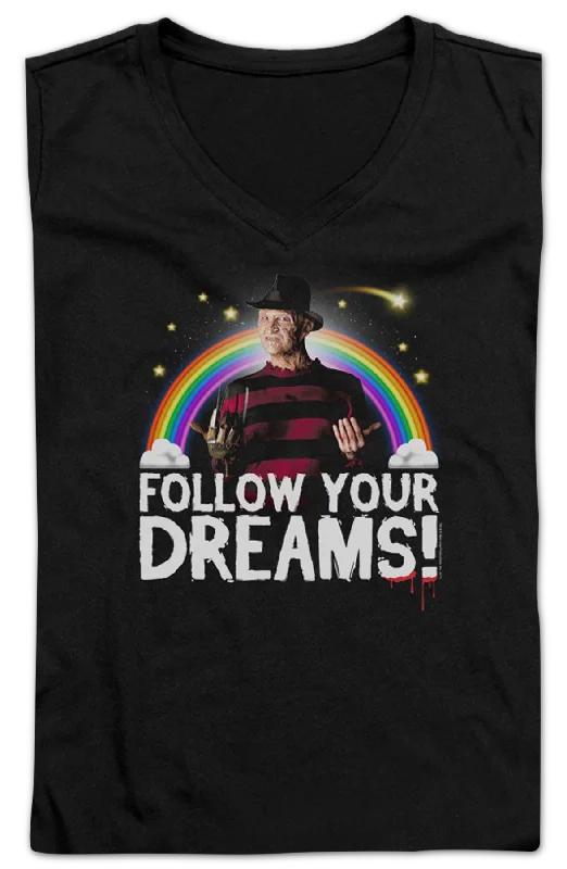 Ladies Follow Your Dreams Nightmare On Elm Street V-Neck Shirt