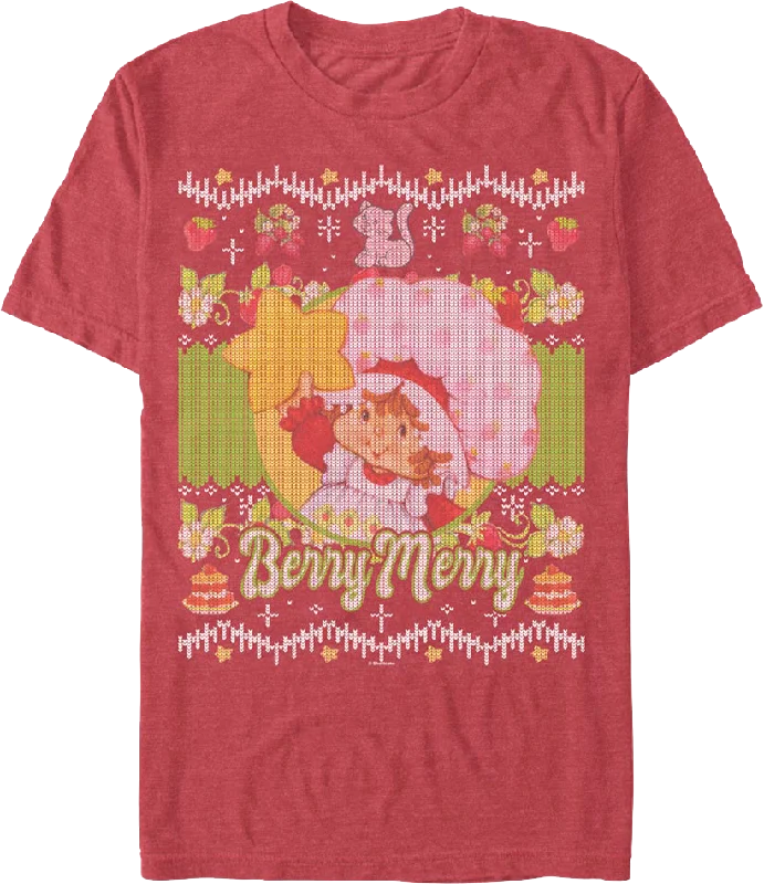 Berry Merry Faux Ugly Christmas Sweater Strawberry Shortcake T-Shirt